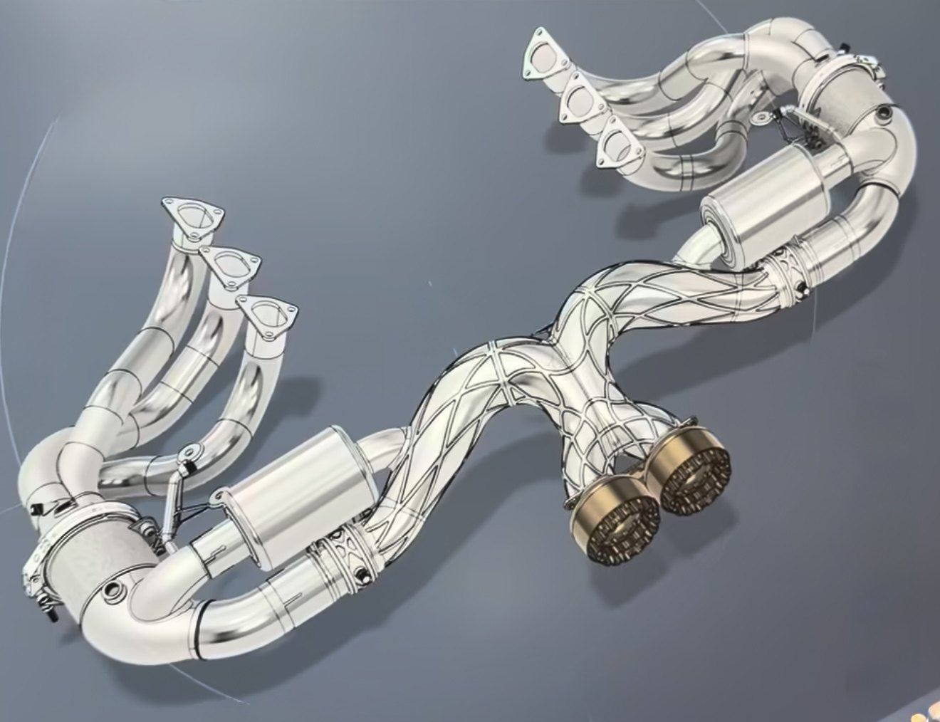 Full system from above: headers, catalysts, mufflers, merge, tips